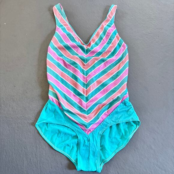 Vintage 70s Avon Fashion Striped One Piece Swimsuit Vtg Swimwear XS/Small - Picture 1 of 9